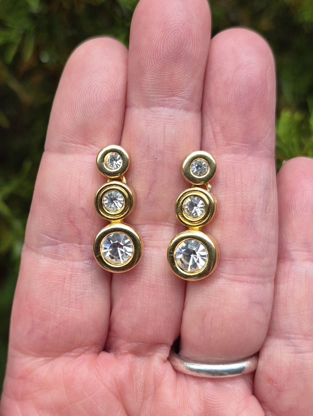 Swarovski Crystal Triple Past Present Future Post Dangle Earrings Gold Tone 1"